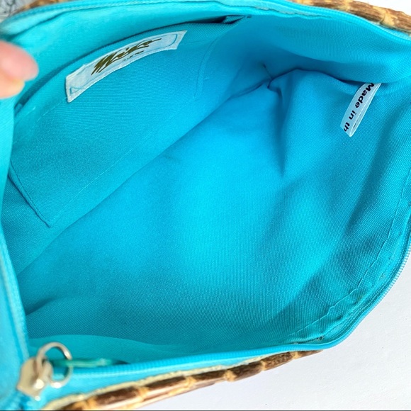 Vintage Mido teal blue brown straw wood seashell beading toiletry pouch bag - Picture 5 of 5